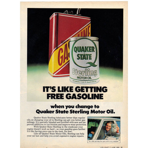 Vintage 1980 Print Ad for Quaker State Motor Oil