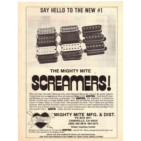 Vintage 1977 Print Ad for Mighty Mite Screamers Guitar Pickups