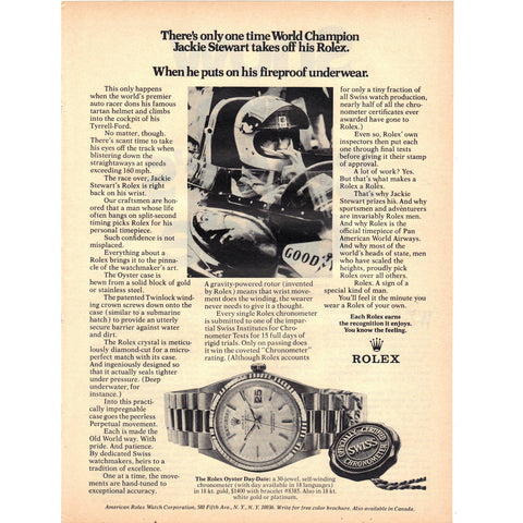 Vintage 1972 Rolex Oyster Day-Date Print Ad w/ Jackie Stewart