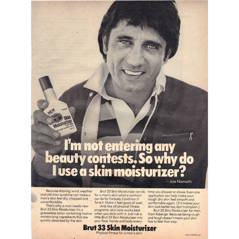 Vintage 1977 Print Ad for Brut 33 Skin Moisturizer with Joe Namath