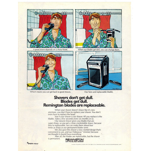 Vintage 1971 Print Ad for Remington Lektro Blade Shaver and Plymouth Road Runner - Wall Art