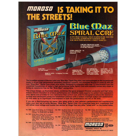 Vintage 1980 Print Ad for Moroso Blue Max Ignition Wires