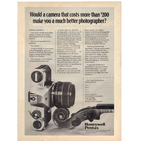 Vintage 1975 Print Ad for Pentax Spotmatic F Camera and Old Forester Bourbon