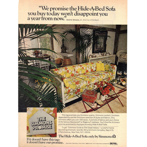 Vintage 1974 Print Ad for Simmons Hide-A-Bed Sofa