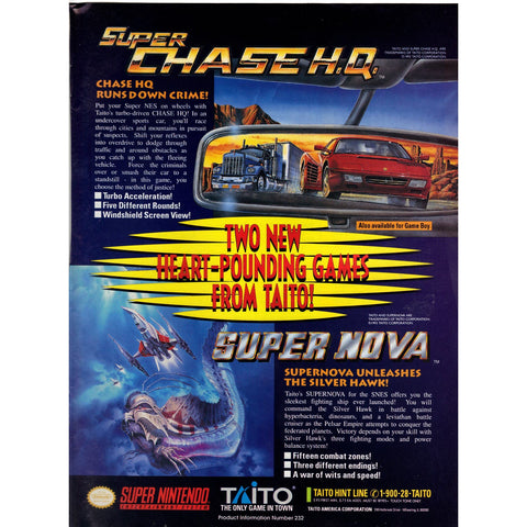 Vintage 1994 Print Ad for Super Chase H.Q. and Super Nova - Super Nintendo