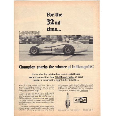 Vintage 1964 Champion Spark Plugs Print Ad