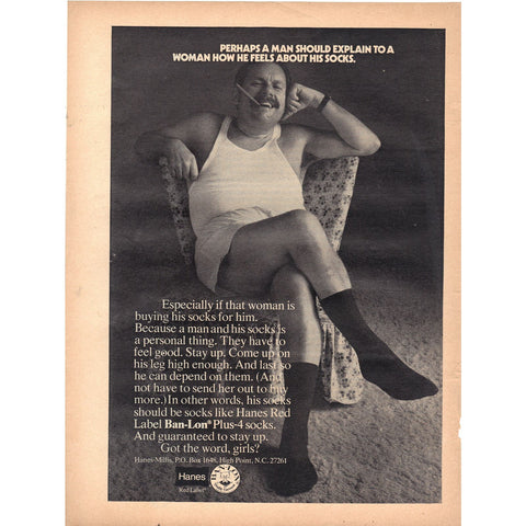 Vintage 1971 Print Ad for Hanes Socks Man in Underwear