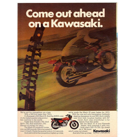 Vintage 1972 Print Ad for Kawasaki 500 Mach III and Camel Cigarettes