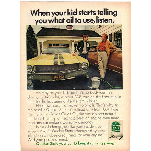 Vintage 1971 Print Ad for Quaker State Motor Oil and Carnation Instant Breakfast