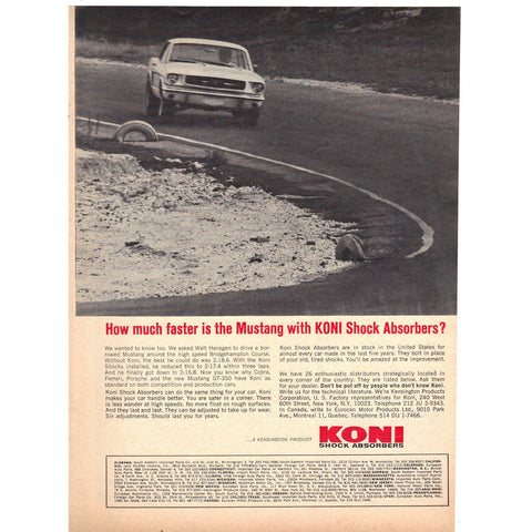 Vintage 1965 Koni Shock Absorbers Print Ad w/Mustang