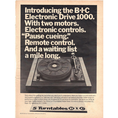Vintage 1977 Print Ad for BIC Electronic Drive 1000 Turntable