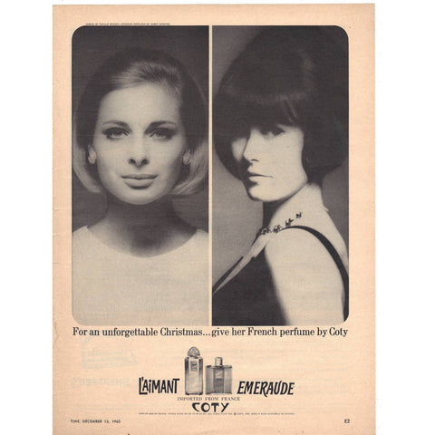 Vintage 1963 Print Ad for L'Aimant Emeraude by Coty Perfume and Sheaffer's Pens