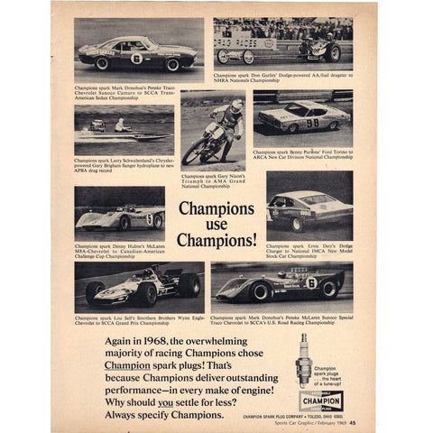 Vintage 1969 Champion Spark Plugs Print Ad
