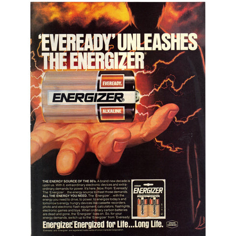 Vintage 1980 Print Ad for Energizer Alkaline Batteries