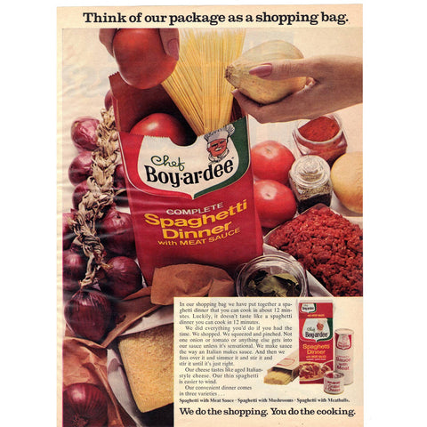 Vintage 1970 Print Ad for Chef Boy-Ar-Dee Spaghetti Dinner