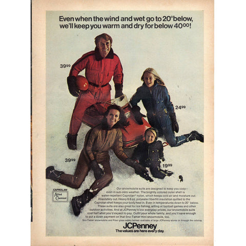 Vintage 1971 Print Ad for J.C. Penney Snowmobile Suits and Lincoln Continental