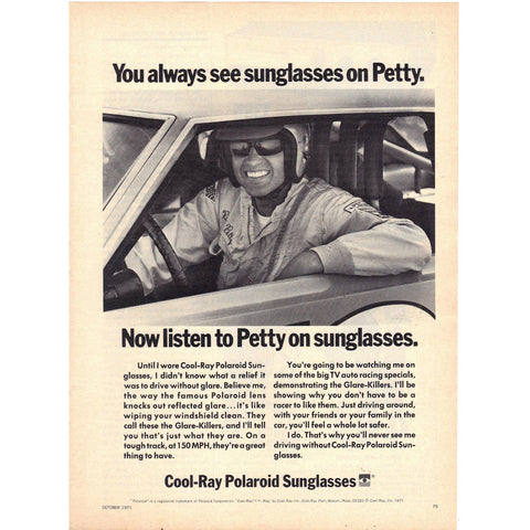 Vintage 1971 Print Ad for Polaroid Cool-Ray Sunglasses w/ Richard Petty