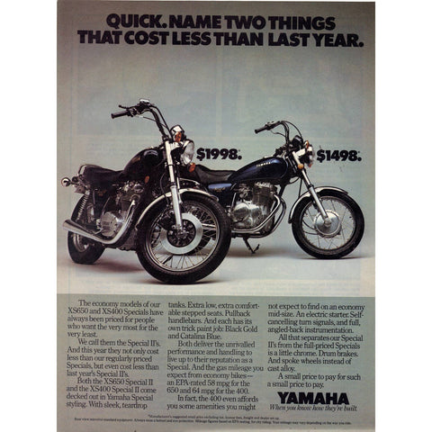 Vintage 1980 Print Ad for Yamaha Motorcycles