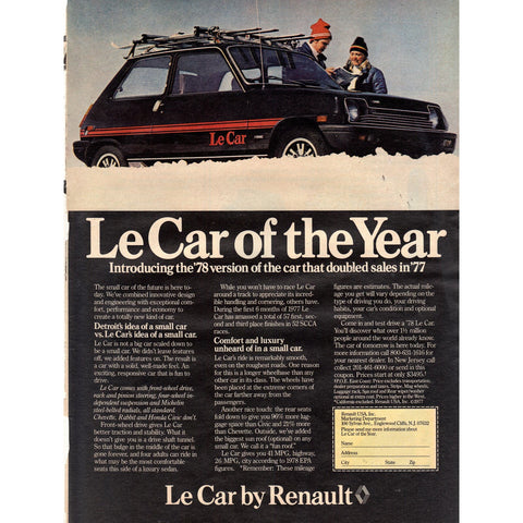 Vintage 1977 Print Ad for the 1978 Le Car by Renault