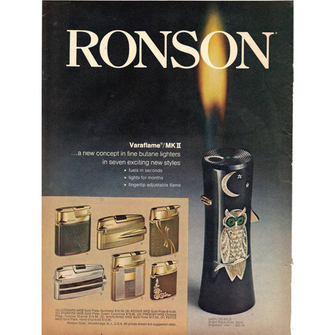 Vintage 1971 Print Ad for Ronson Butane Lighters