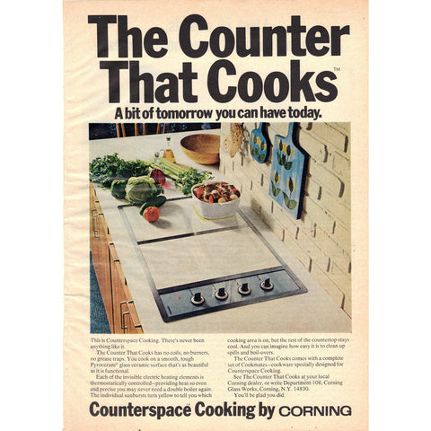 Vintage 1970 Print Ad for Counterspace Cooking by Corning