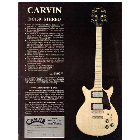Vintage 1977 Print Ad for Carvin DC150 Guitar