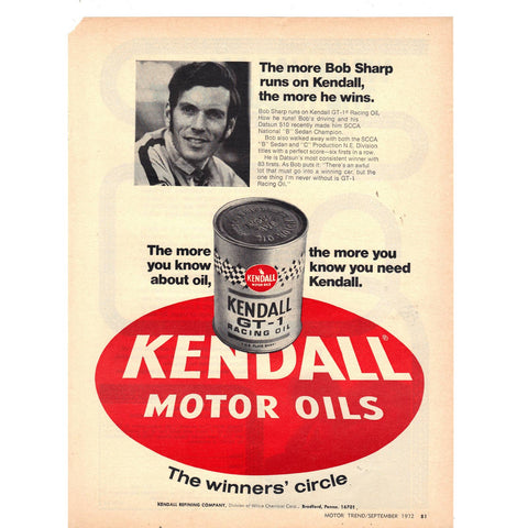 Vintage 1972 Kendall GT-1 Racing Oil Print Ad w/Bob Sharp