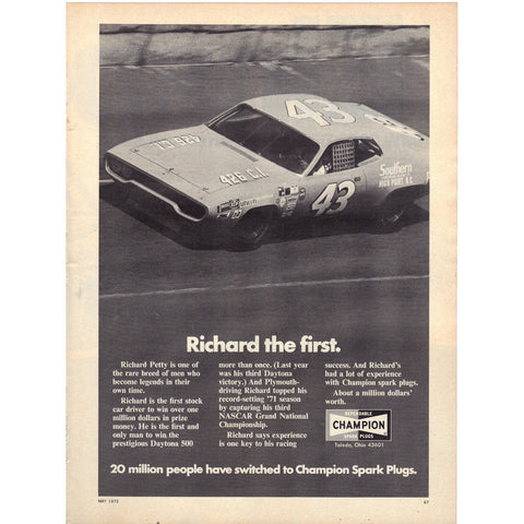 Vintage 1972 Print Ad for Champion Spark Plugs w/ Richard Petty - Wall Art