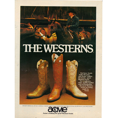 Vintage 1979 Print Ad for Acme Western Boots and Real Cigarettes