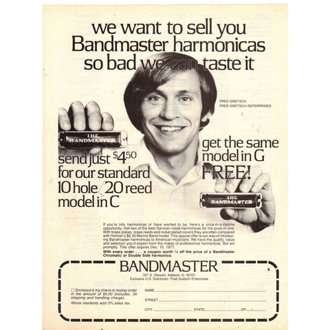 Vintage 1977 Print Ad for Bandmaster Harmonicas