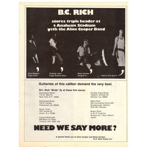 Vintage 1977 Print Ad for B.C. Rich Guitars w/Alice Cooper
