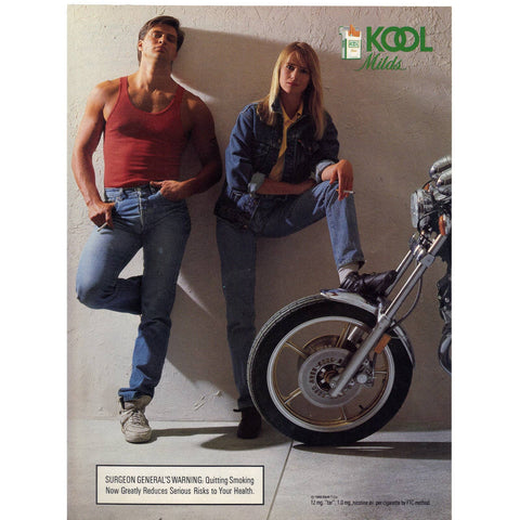 Vintage 1987 Kool Milds Cigarettes Print Ad Motorcycle Man and Woman