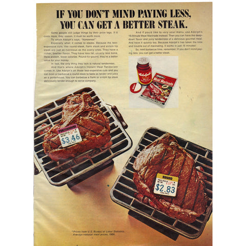 Vintage 1970 Print Ad for Adolph's Steak Marinade