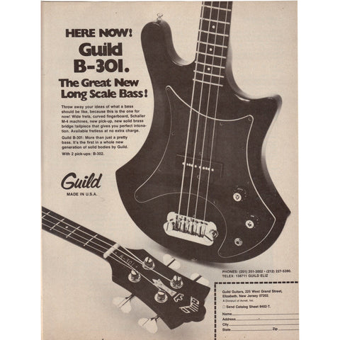 Vintage 1977 Print Ad for Guild B-301 Bass Guitar