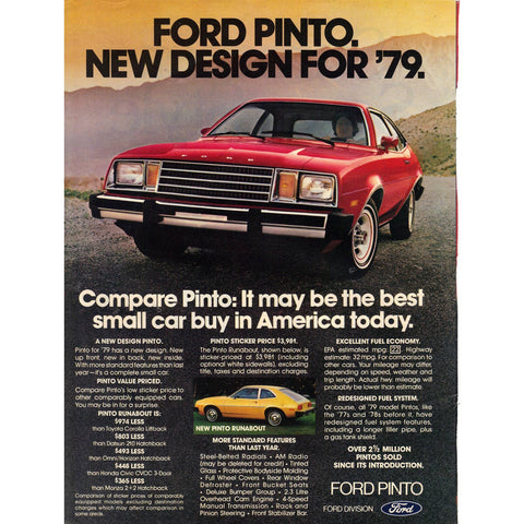 Vintage 1979 Print Ad for Ford Pinto and Seagram's 7 Crown