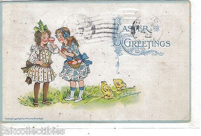 Easter Greetings-2 Girls with Basket of Eggs-Brundage 1915 - Cakcollectibles - 1