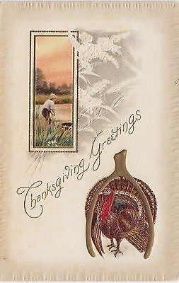 Thanksgiving Greetings Turkey Man Fishing Postcard - Cakcollectibles - 1