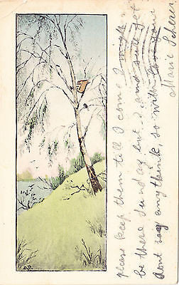 Illistration Of Meadow With Tree/Birdhouse Postcard - Cakcollectibles
