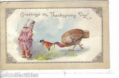 Greetings on Thanksgiving Day-Little Girl and Turkey 1918 - Cakcollectibles - 1