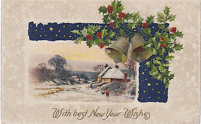 "With Best New Year Wishes" Holly-Bells John Winsch Postcard - Cakcollectibles - 1