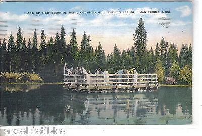 Load of Sightseers on Raft,Kitchi-Tiki-Pi,"The Big Spring"-Manistique,Mich. 1942 - Cakcollectibles