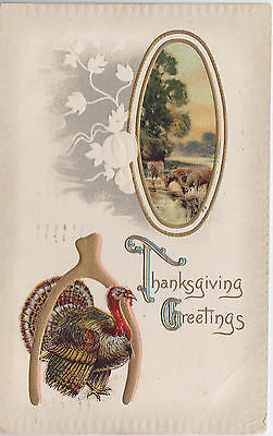 Thanksgiving Greetings Turkey Wishbone Cows Drinking At Creek Holiday Postcard - Cakcollectibles - 1
