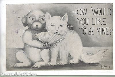 "How Would You Like to Be Mine?"-Cat and Dog with Fan 1910 - Cakcollectibles