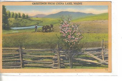 Greetings from China Lake,Maine-Linen Post Card 1949 - Cakcollectibles