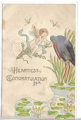 Fantasy Post Card-Heartiest Congratulation-Child with Wings and Stork 1907 - Cakcollectibles - 1