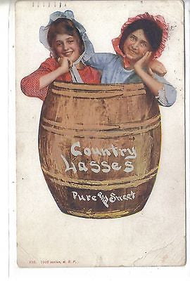 Country Lasses-Pure and Sweet-2 Girls in A Barrel 1908 Postcard Front