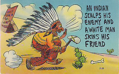 An Indian Scalps His Enemy Linen Comic Postcard - Cakcollectibles - 1