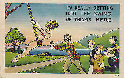 Getting Into The Swing Of Things Linen Comic Postcard - Cakcollectibles - 1