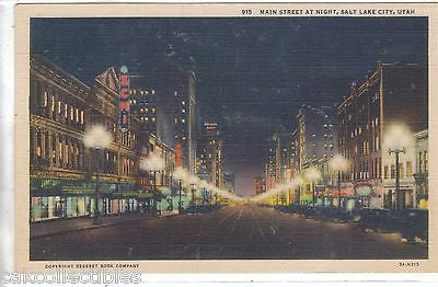 Main Street at Night-Salt Lake City,Utah (Linen Post Card) - Cakcollectibles