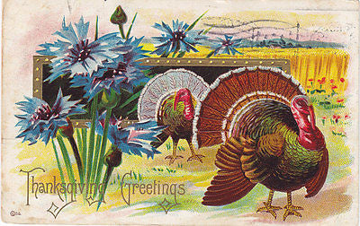 Thanksgiving Greetings Two Turkeys Blue Flowers Postcard - Cakcollectibles - 1